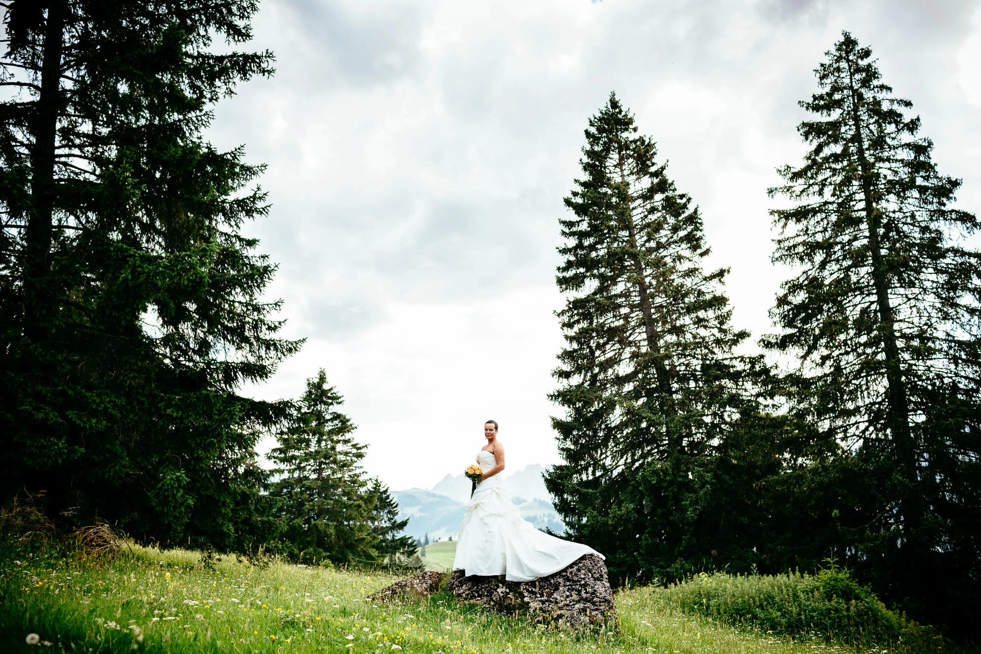 Braut steht auf einem Fels inmitten Alpwiese und hohen Tannen